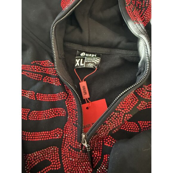 NWT Guapi Men's Skeleton Hoodie BlackSweatshirt Red Rhinestones Ltd ED (JB) - Picture 8 of 12
